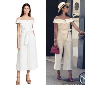 Alexis Evy 100% Linen Ivory Off-Shoulder Button Wide-Leg Jumpsuit